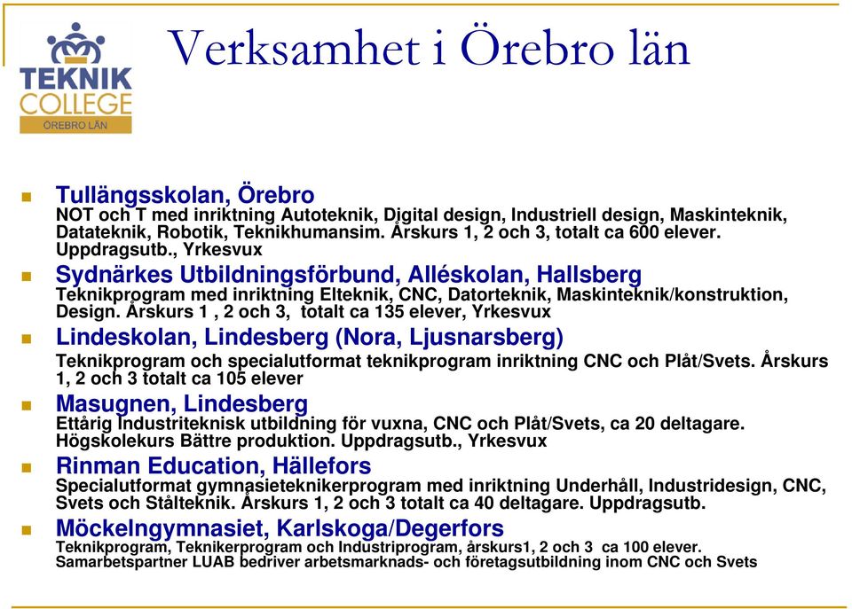 , Yrkesvux Sydnärkes Utbildningsförbund, Alléskolan, Hallsberg Teknikprogram med inriktning Elteknik, CNC, Datorteknik, Maskinteknik/konstruktion, Design.