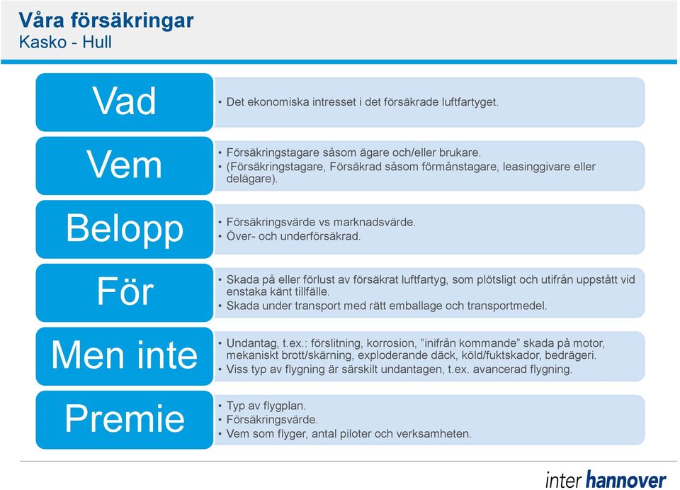 Skada på eller förlust av försäkrat luftfartyg, som plötsligt och utifrån uppstått vid enstaka känt tillfälle. Skada under transport med rätt emballage och transportmedel. Undantag, t.ex.