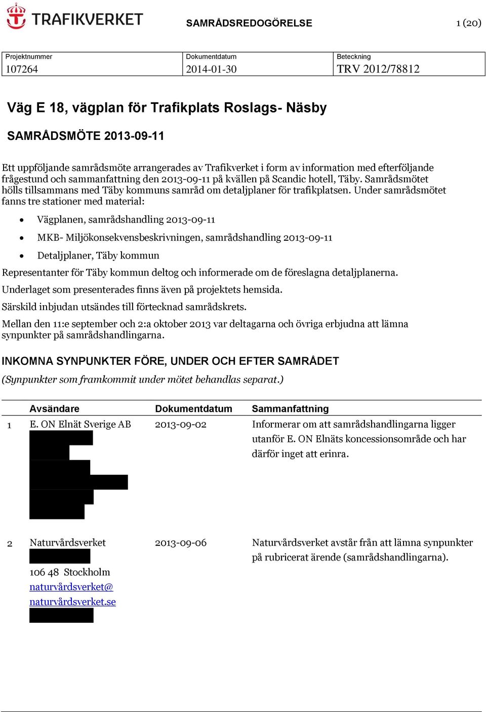 Under samrådsmötet fanns tre stationer med material: Vägplanen, samrådshandling 2013-09-11 MKB- Miljökonsekvensbeskrivningen, samrådshandling 2013-09-11 Detaljplaner, Täby kommun Representanter för