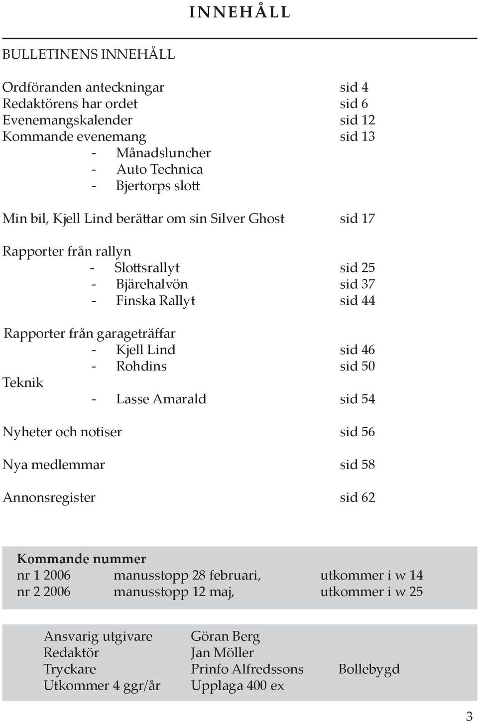 garageträffar - Kjell Lind sid 46 - Rohdins sid 50 Teknik - Lasse Amarald sid 54 Nyheter och notiser sid 56 Nya medlemmar sid 58 Annonsregister sid 62 Kommande nummer nr 1 2006