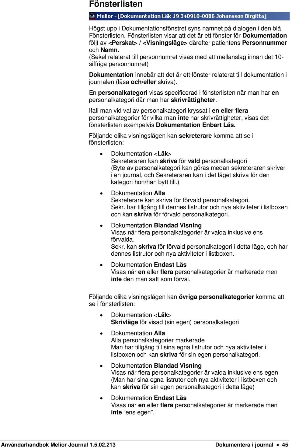 (Sekel relaterat till personnumret visas med att mellanslag innan det 10- siffriga personnumret) Dokumentation innebär att det är ett fönster relaterat till dokumentation i journalen (läsa och/eller