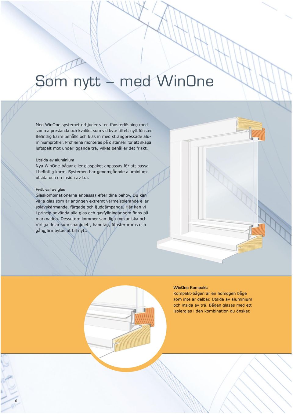 Utsida av aluminium Nya WinOne-bågar eller glaspaket anpassas för att passa sa i befintlig karm. Systemen har genomgående aluminium-mutsida och en insida av trä.