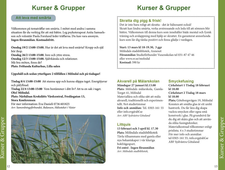 Kropp och själ hör ihop. Onsdag 26/2 13:00-15:00. Inre och yttre stress. Onsdag 12/3 13:00-15:00. Självkänsla och relationer. Må-bra möten, finns de?