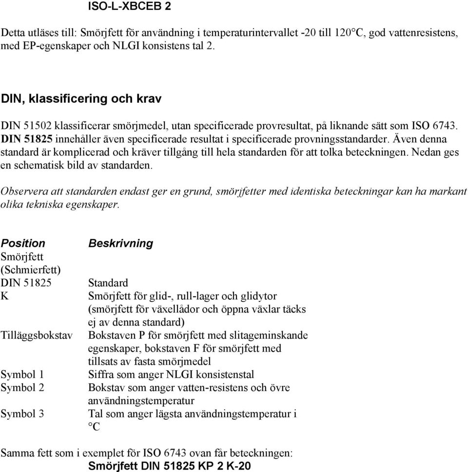 DIN 51825 innehåller även specificerade resultat i specificerade provningsstandarder. Även denna standard är komplicerad och kräver tillgång till hela standarden för att tolka beteckningen.