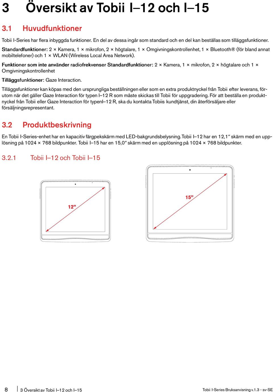 Funktioner sominte använderradiofrekvenser Standardfunktioner:2 Kamera,1 mikrofon,2 högtalareoch 1 Omgivningskontrollenhet Tilläggsfunktioner:Gaze Interaction.