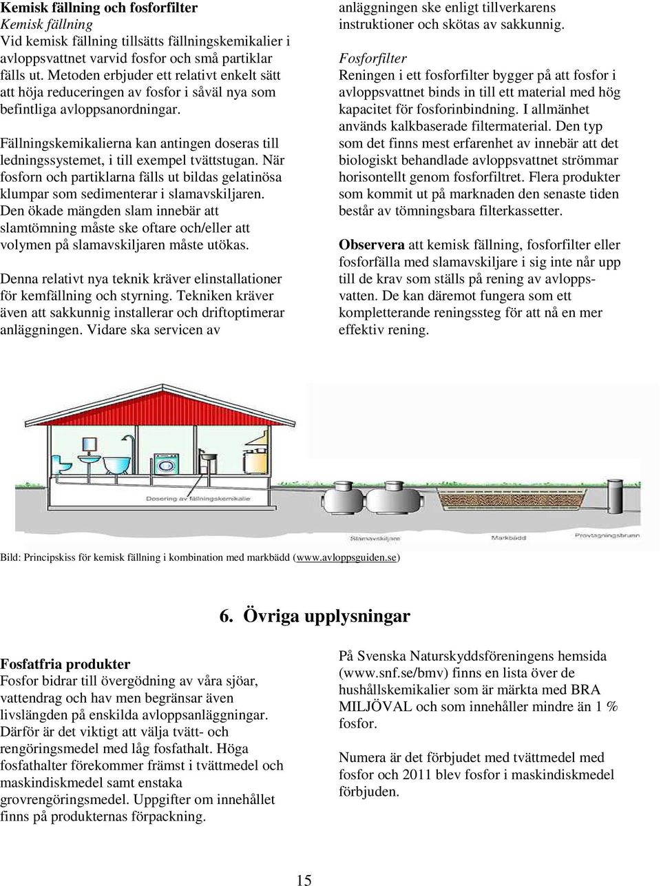 Fällningskemikalierna kan antingen doseras till ledningssystemet, i till exempel tvättstugan. När fosforn och partiklarna fälls ut bildas gelatinösa klumpar som sedimenterar i slamavskiljaren.