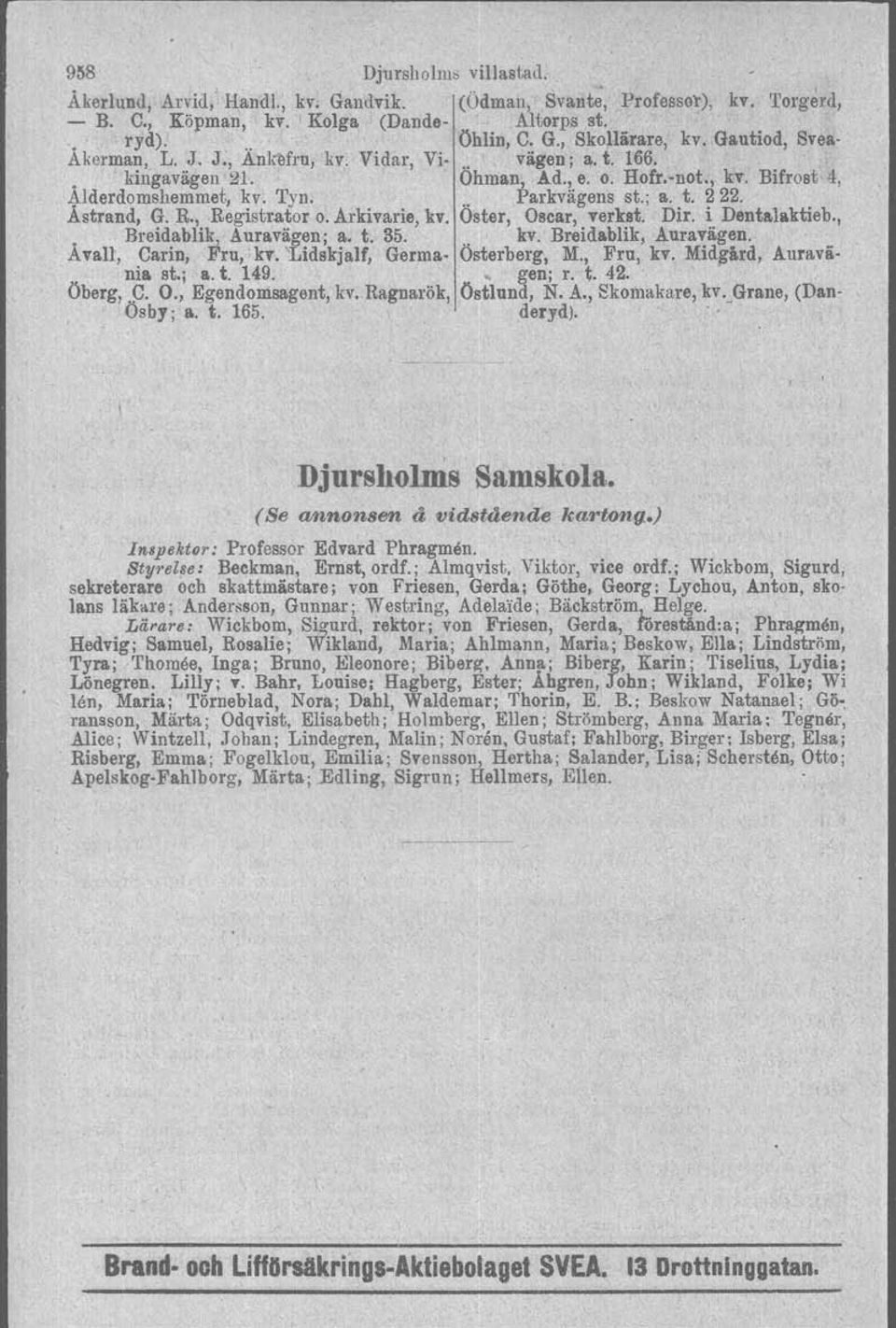 Astrand, G. R., Registrator o. Arkivarie, kv. Oster, Oscar, verkat. Dir. i Dentalaktieb., Breidablik, Auravägen; a. t. 35. kv. Breidablik, Auravägen. Avall,.Carin, Fru, h.