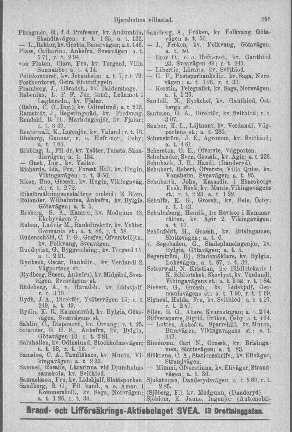 Gauthiod von Platen, Clara, Fru, kl'. Torgerd, Villa 23, Sveavägen 49; r.' t. 247. Sunnanbo; a. t. 414. - Libertle, Lärar-a, kl'. Svit,hiod. Poliskontoret, kl'. Jotunheim, a. t. 7, r. t. 72. - G. F., Postspatbanksdir.