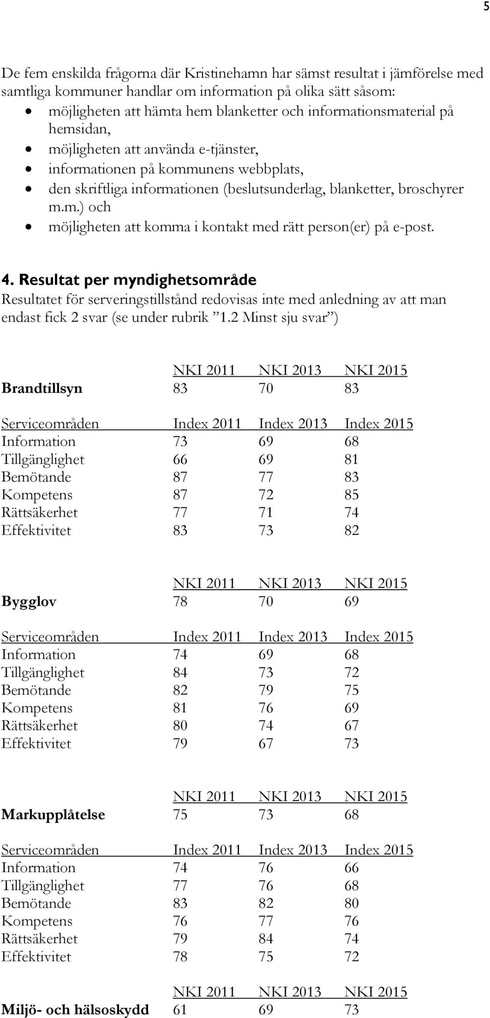 4. Resultat per myndighetsområde Resultatet för serveringstillstånd redovisas inte med anledning av att man endast fick 2 svar (se under rubrik 1.