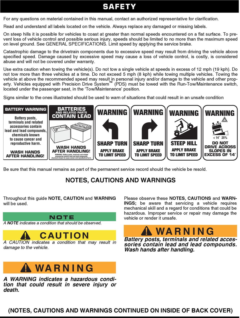 To prevent loss of vehicle control and possible serious injury, speeds should be limited to no more than the maximum speed on level ground. See GENERAL SPECIFICATIONS.