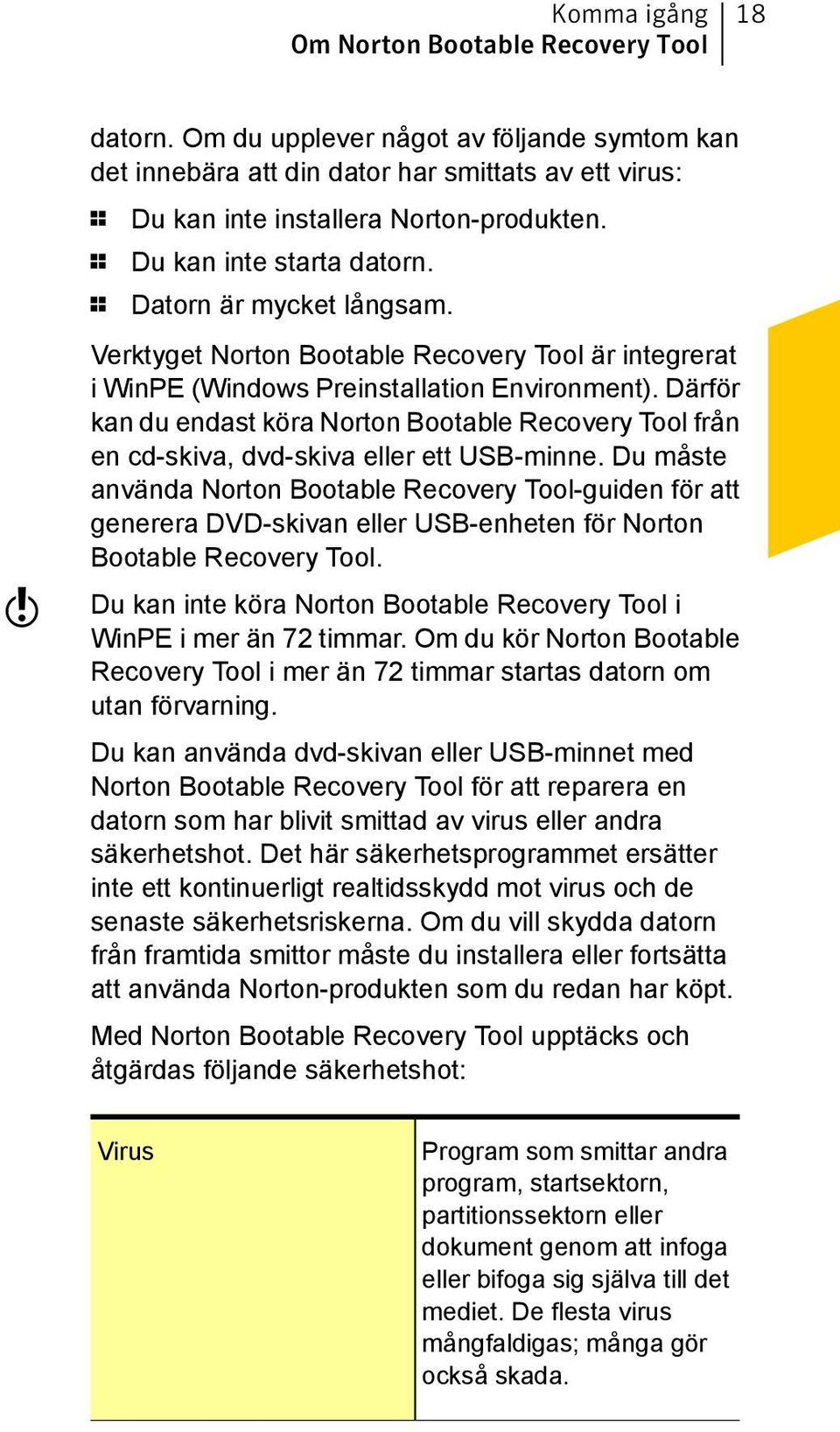 Därför kan du endast köra Norton Bootable Recovery Tool från en cd-skiva, dvd-skiva eller ett USB-minne.