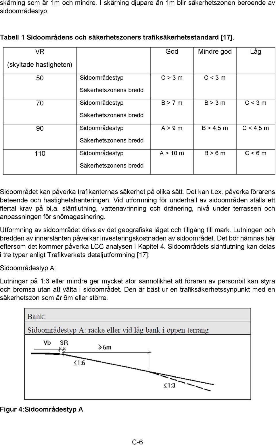 m C < 4,5 m Säkerhetszonens bredd 110 Sidoområdestyp A > 10 m B > 6 m C < 6 m Säkerhetszonens bredd Sidoområdet kan påverka trafikanternas säkerhet på olika sätt. Det kan t.ex.