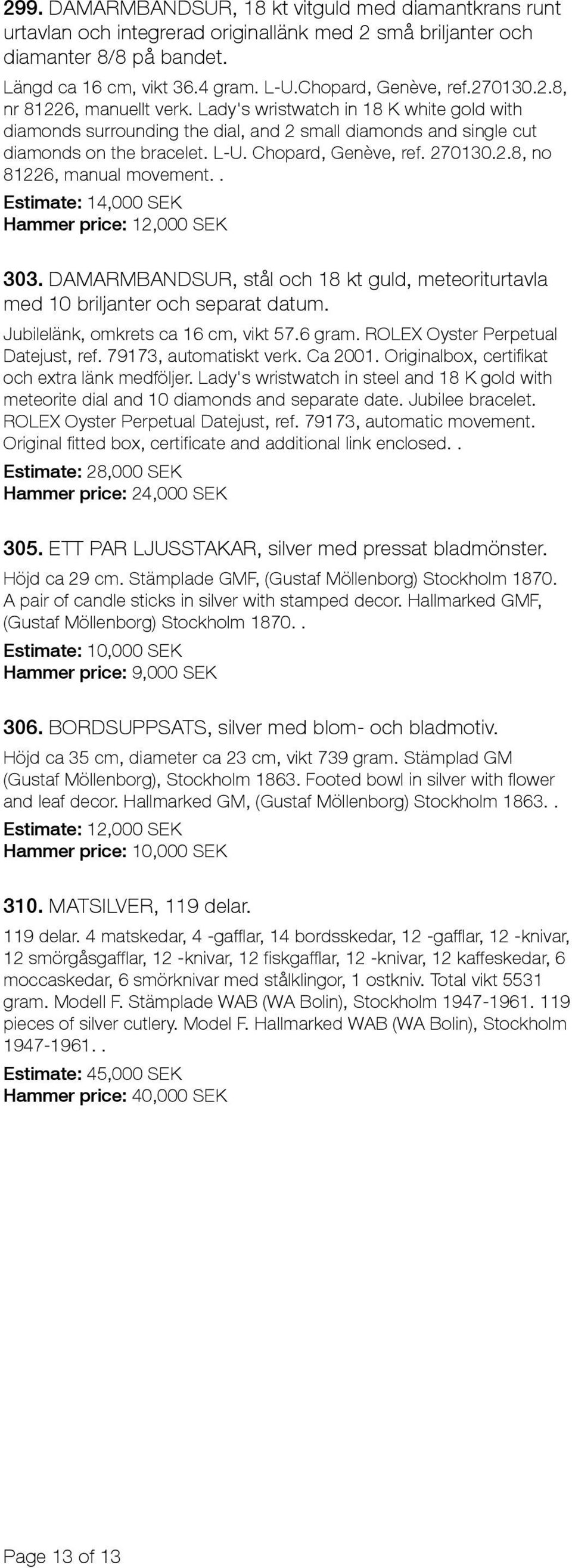 270130.2.8, no 81226, manual movement.. Estimate: 14,000 SEK 303. DAMARMBANDSUR, stål och 18 kt guld, meteoriturtavla med 10 briljanter och separat datum. Jubilelänk, omkrets ca 16 cm, vikt 57.6 gram.