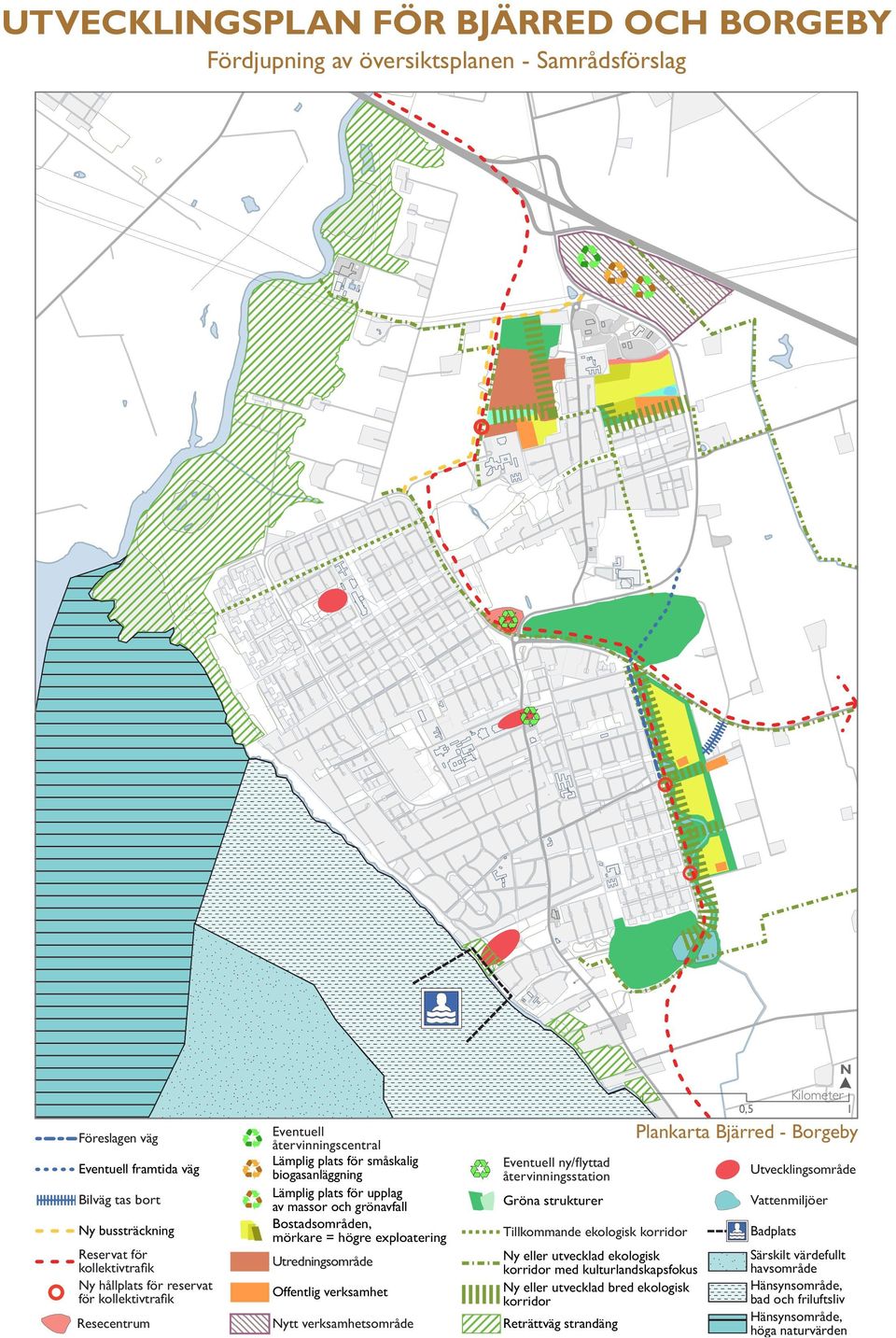 mörkare = högre exploatering Utredningsområde Offentlig verksamhet Nytt verksamhetsområde Eventuell ny/flyttad återvinningsstation Gröna strukturer Tillkommande ekologisk korridor Ny eller utvecklad