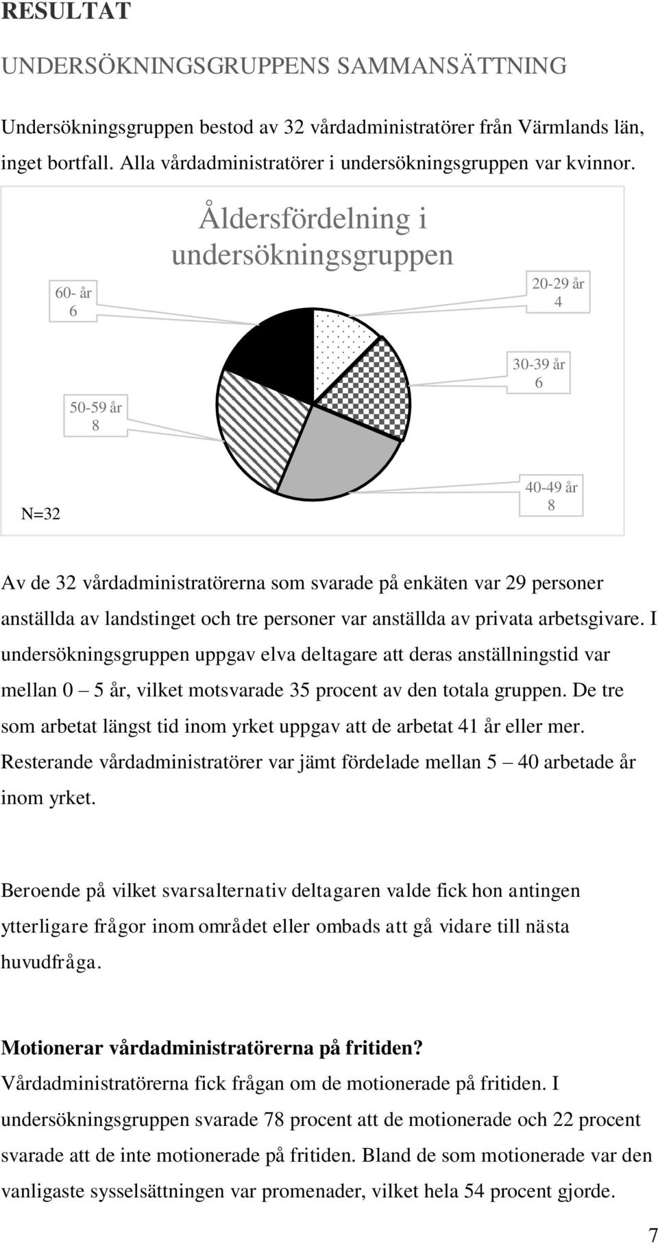 tre personer var anställda av privata arbetsgivare. I undersökningsgruppen uppgav elva deltagare att deras anställningstid var mellan 0 5 år, vilket motsvarade 35 procent av den totala gruppen.