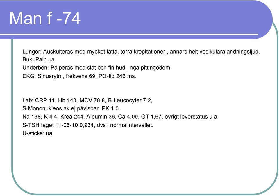 PQ-tid 246 ms. Lab: CRP 11, Hb 143, MCV 78,8, B-Leucocyter 7,2, S-Mononukleos ak ej påvisbar. PK 1,0.