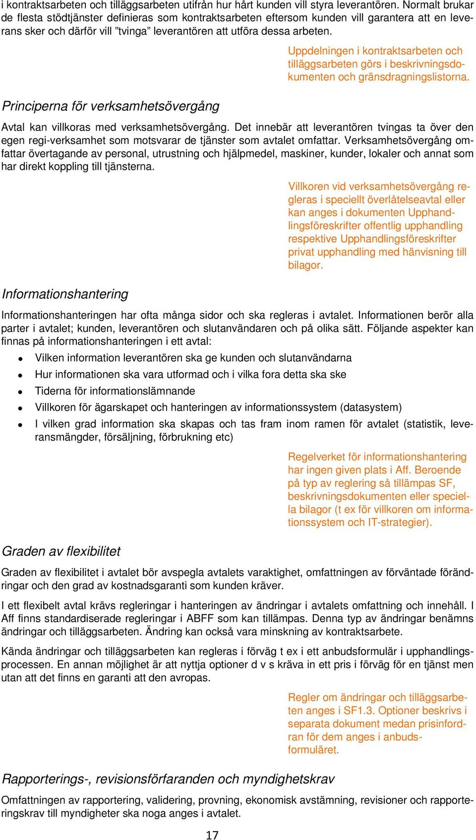 Principerna för verksamhetsövergång 17 Uppdelningen i kontraktsarbeten och tilläggsarbeten görs i beskrivningsdokumenten och gränsdragningslistorna. Avtal kan villkoras med verksamhetsövergång.