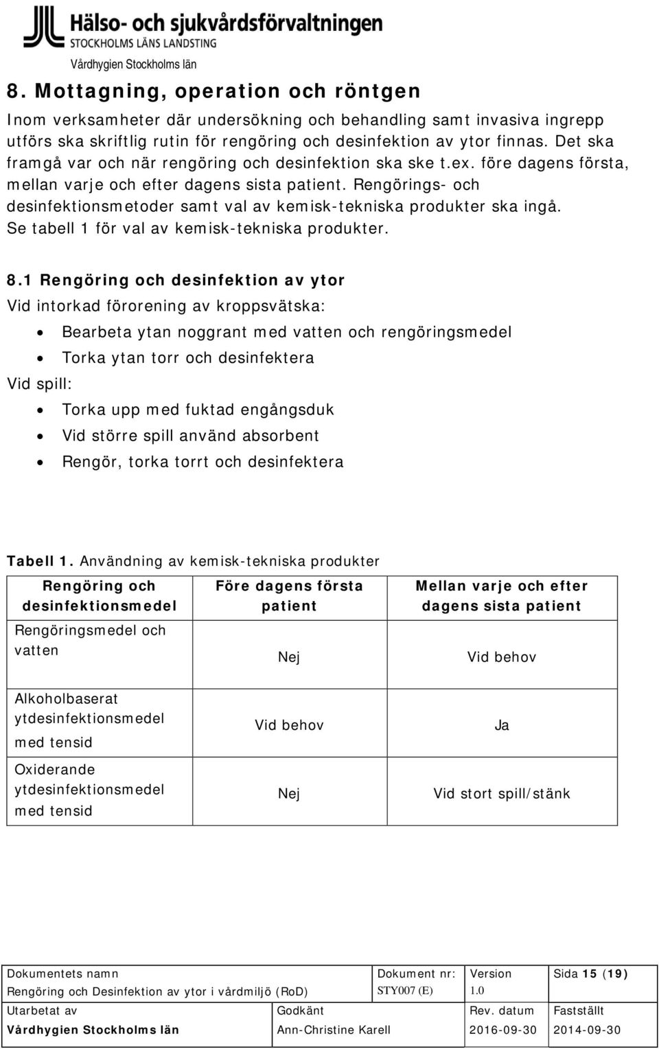 Rengörings- och desinfektionsmetoder samt val av kemisk-tekniska produkter ska ingå. Se tabell 1 för val av kemisk-tekniska produkter. 8.