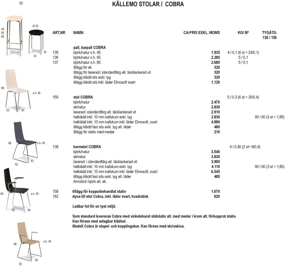 läder Elmosoft svart 1.120 89 52 42 159 stol COBRA 5 / 0,3 (6 st = 30/0,4) björk/natur 2.470 ek/natur 2.830 laserad i standardfärg alt. täcklackerad vit 2.910 helklädd inkl. 10 mm kallskum exkl.