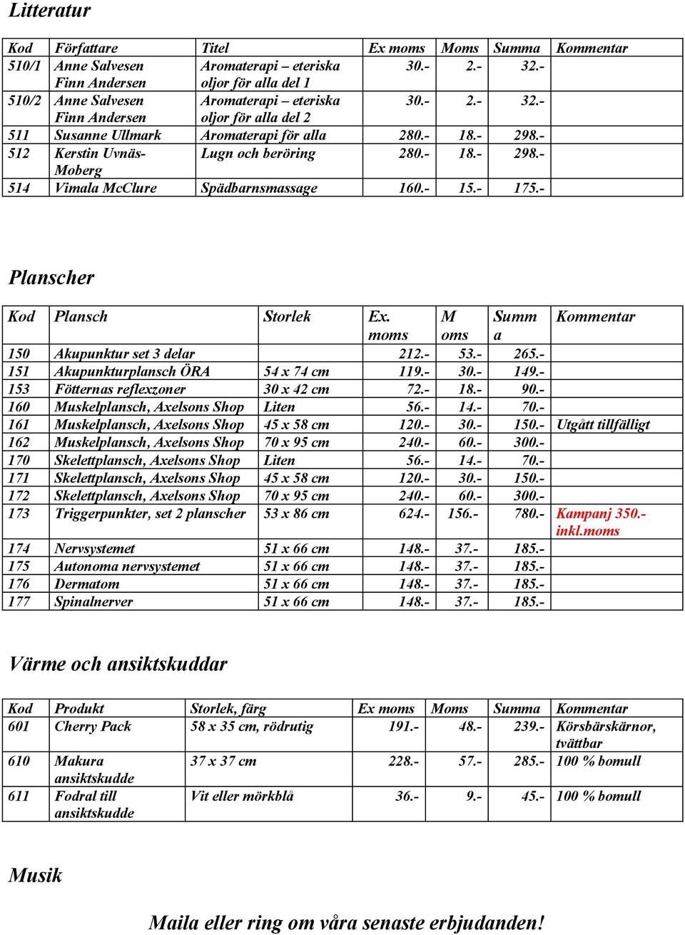 M Summ Kommentar moms oms a 150 Akupunktur set 3 delar 212.- 53.- 265.- 151 Akupunkturplansch ÖRA 54 x 74 cm 119.- 30.- 149.- 153 Fötternas reflexzoner 30 x 42 cm 72.- 18.- 90.