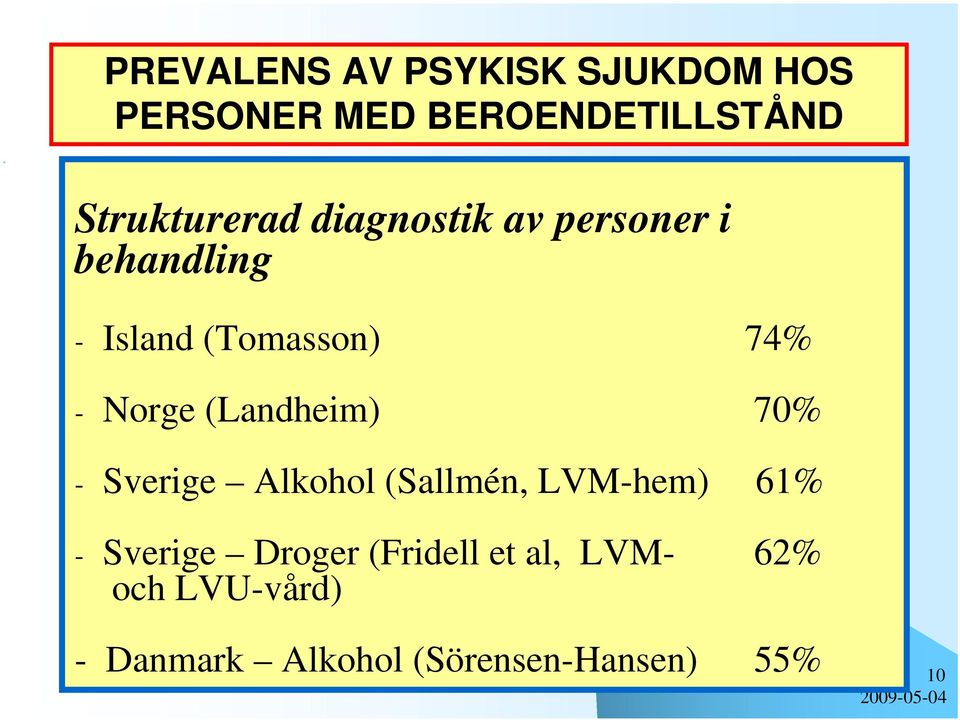 Norge (Landheim) 70% - Sverige Alkohol (Sallmén, LVM-hem) 61% - Sverige