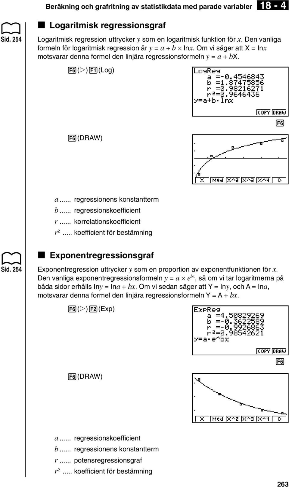 .. regressionens konstantterm b... regressionskoefficient r... korrelationskoefficient r... koefficient för bestämning k Exponentregressionsgraf Sid.