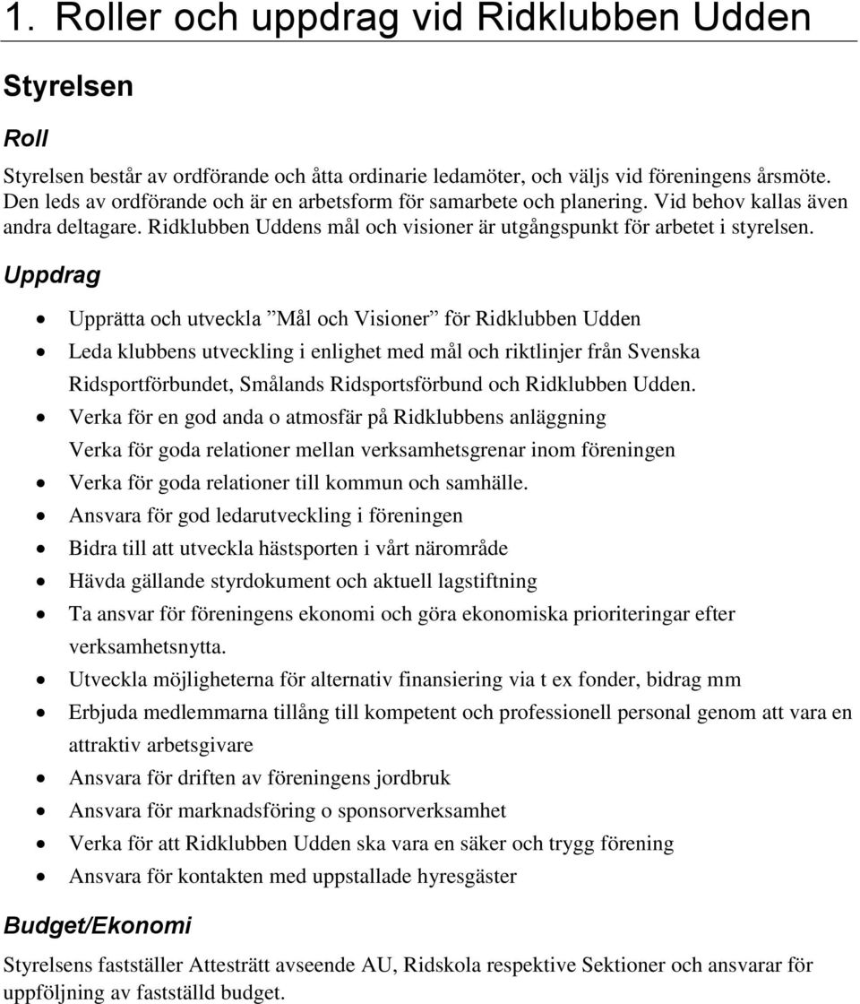 Uppdrag Upprätta och utveckla Mål och Visioner för Ridklubben Udden Leda klubbens utveckling i enlighet med mål och riktlinjer från Svenska Ridsportförbundet, Smålands Ridsportsförbund och Ridklubben