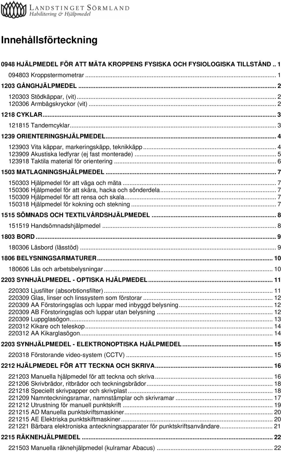 .. 4 123909 Akustiska ledfyrar (ej fast monterade)... 5 123918 Taktila material för orientering... 6 1503 MATLAGNINGSHJÄLPMEDEL... 7 150303 Hjälpmedel för att väga och mäta.