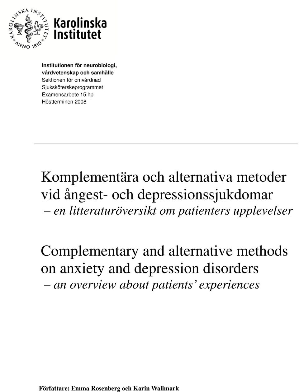 depressionssjukdomar en litteraturöversikt om patienters upplevelser Complementary and alternative methods