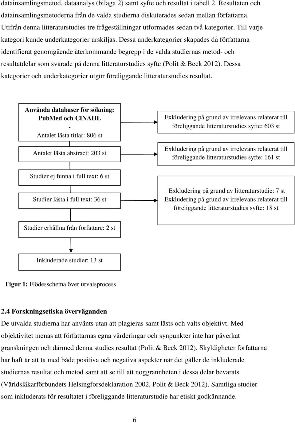 Dessa underkategorier skapades då författarna identifierat genomgående återkommande begrepp i de valda studiernas metod- och resultatdelar som svarade på denna litteraturstudies syfte (Polit & Beck