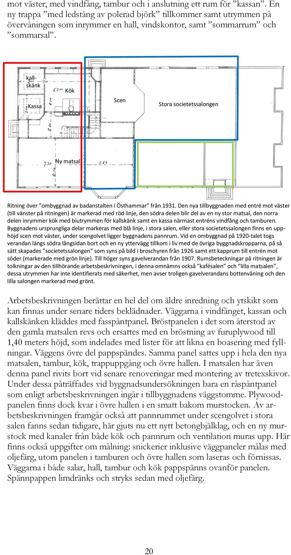 kallskänk Kassa Kök Scen Stora societetssalongen Ny matsal Ritning över ombyggnad av badanstalten i Östhammar från 1931.