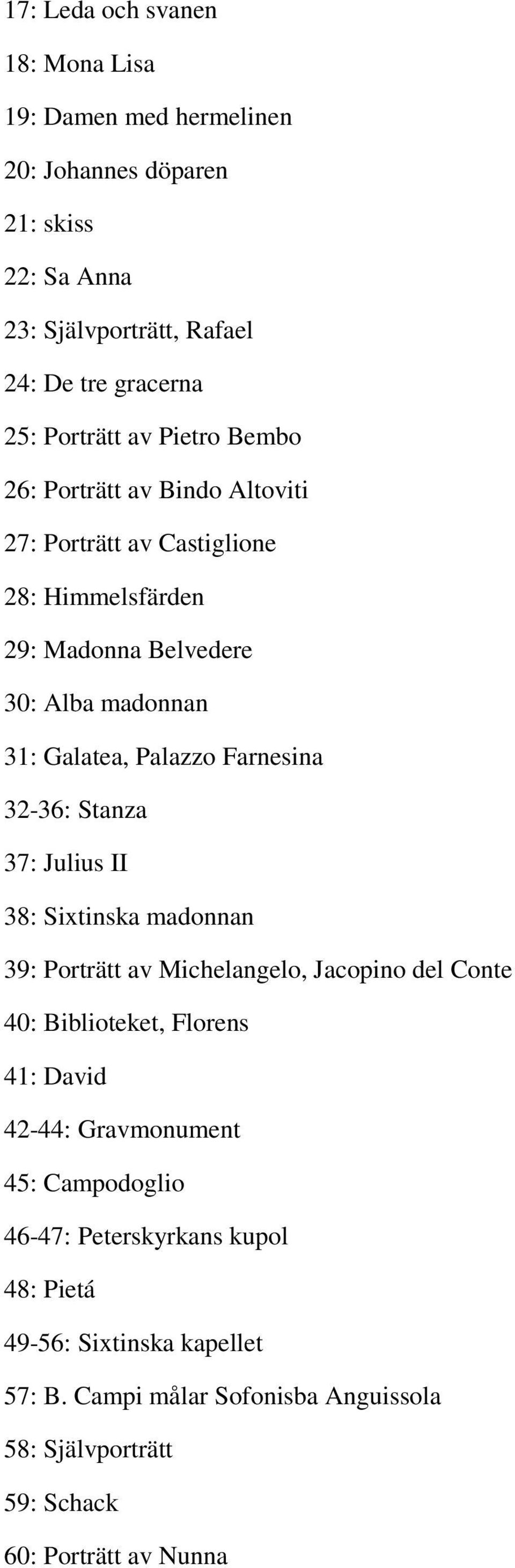 Farnesina 32-36: Stanza 37: Julius II 38: Sixtinska madonnan 39: Porträtt av Michelangelo, Jacopino del Conte 40: Biblioteket, Florens 41: David 42-44: