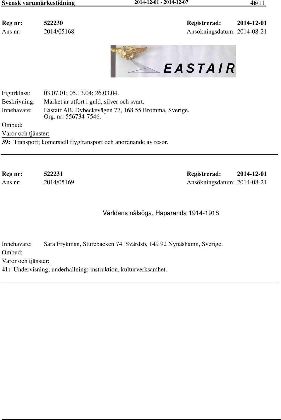 39: Transport; komersiell flygtransport och anordnande av resor.