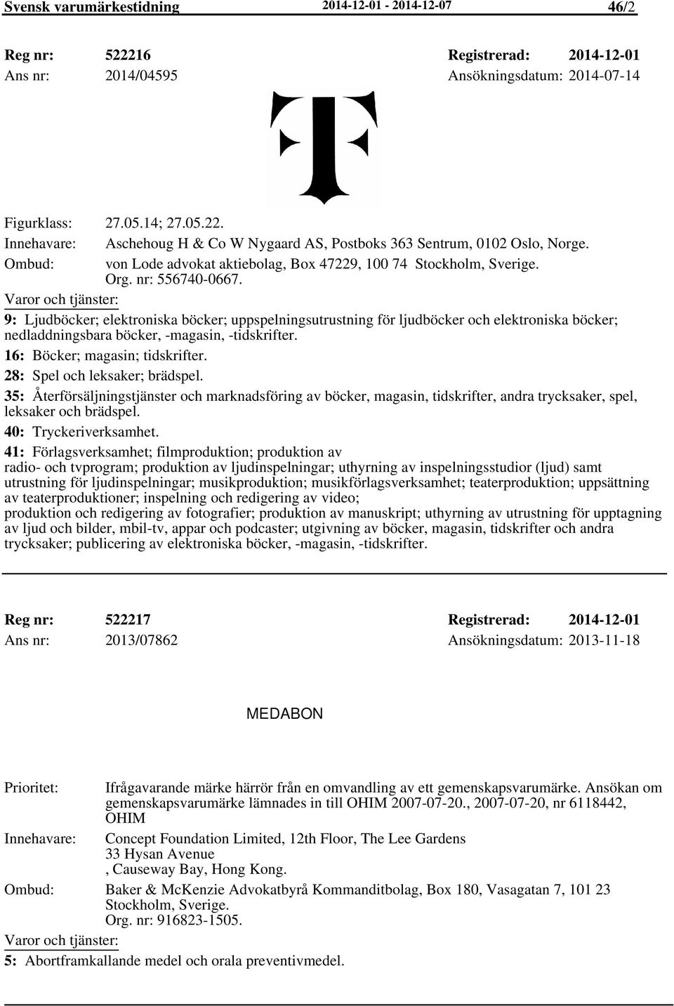 9: Ljudböcker; elektroniska böcker; uppspelningsutrustning för ljudböcker och elektroniska böcker; nedladdningsbara böcker, -magasin, -tidskrifter. 16: Böcker; magasin; tidskrifter.
