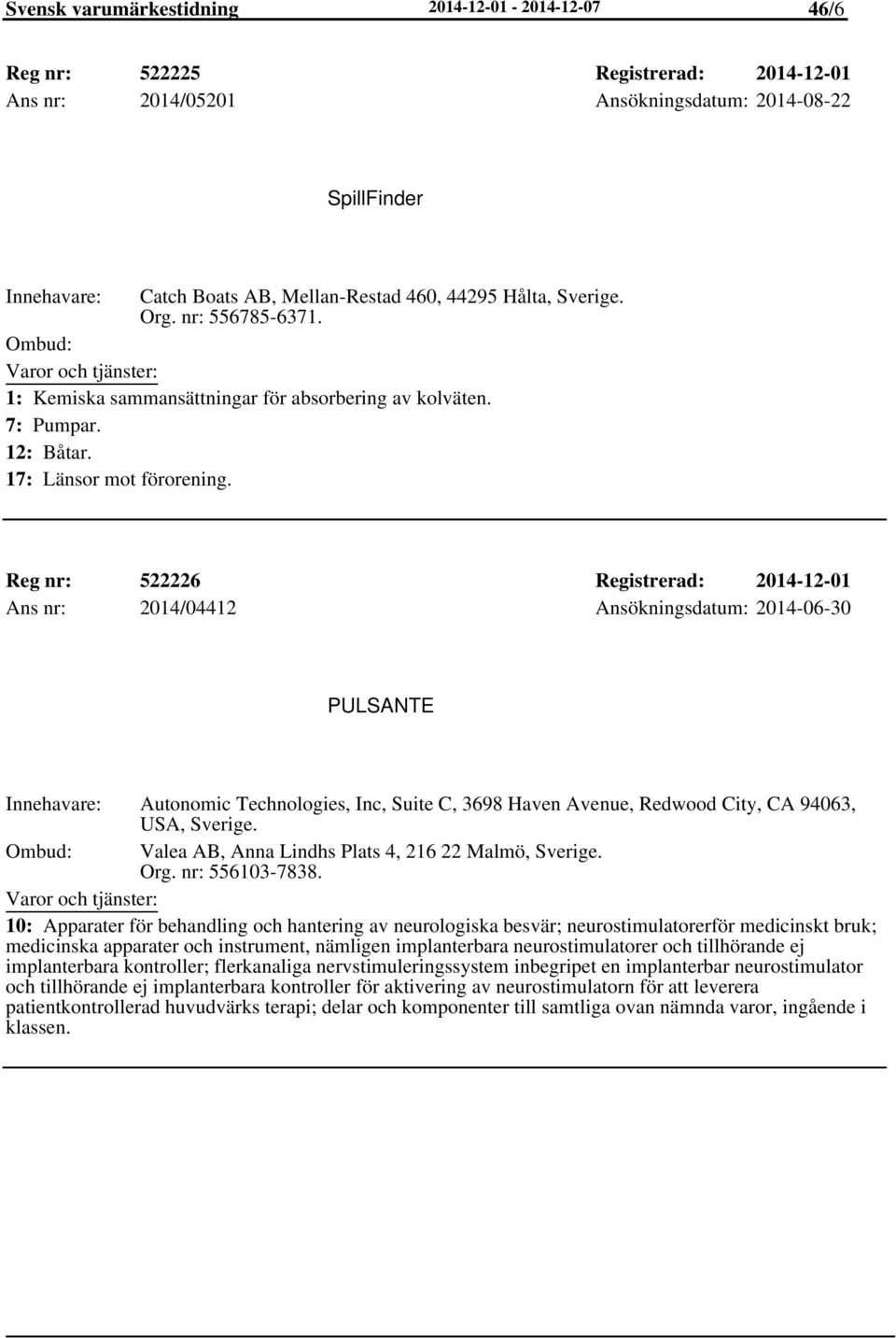 Reg nr: 522226 Registrerad: 2014-12-01 Ans nr: 2014/04412 Ansökningsdatum: 2014-06-30 PULSANTE Autonomic Technologies, Inc, Suite C, 3698 Haven Avenue, Redwood City, CA 94063, USA, Sverige.