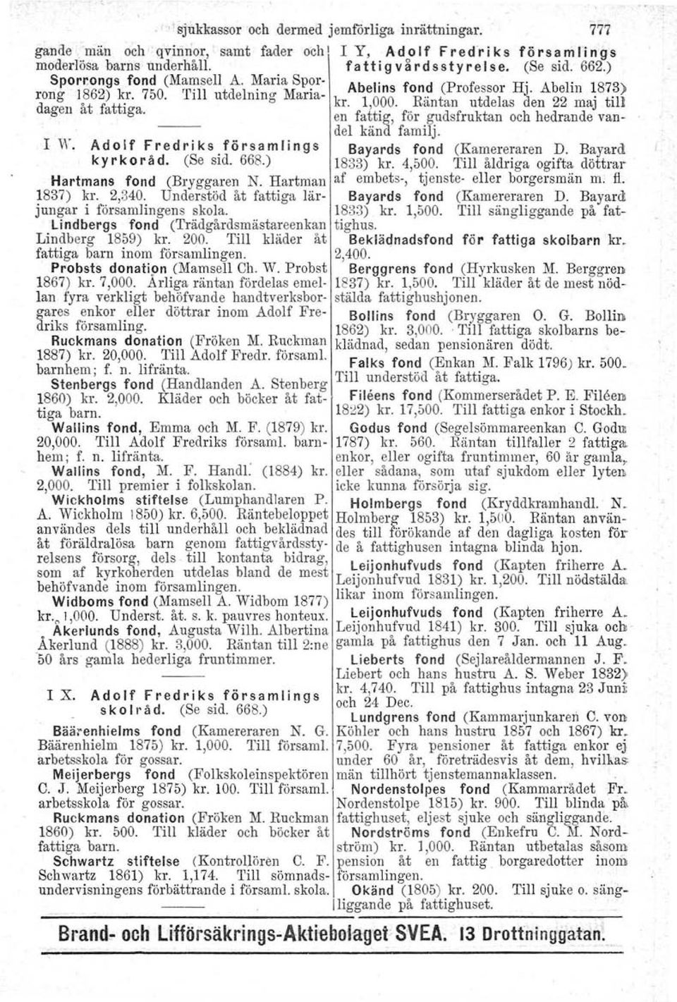 ..Rantan utdelas den 22 maj till en fattig, for gudsfruktan och hedrande vandel känd familj. I W. Adolf Fredriks församlings Bayards fond (Kamereraren D. Bayard k y r k o r å d. (Se sid. 668.