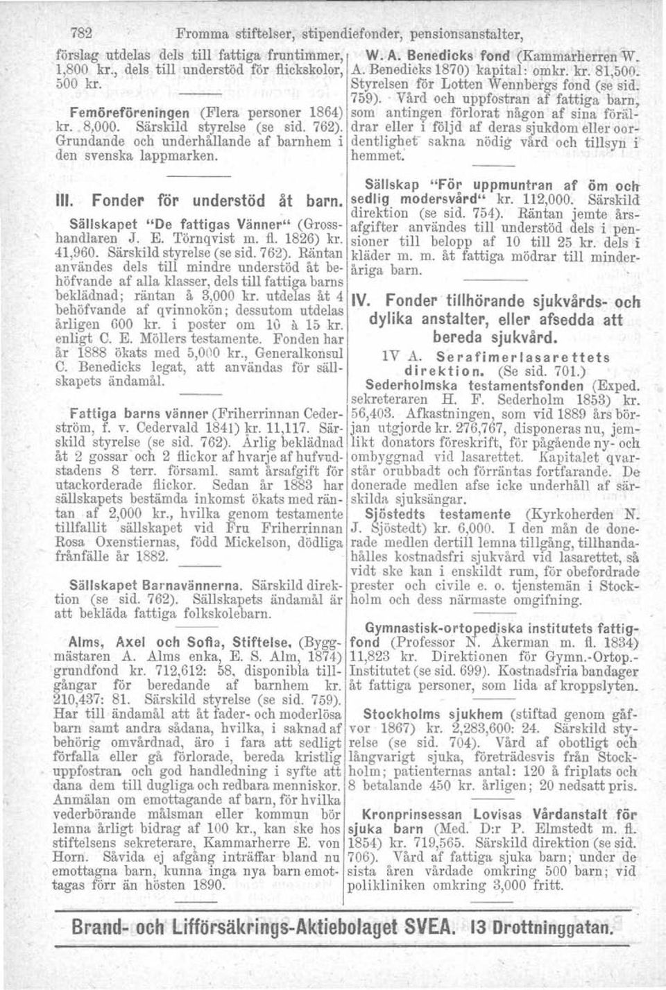 . Vård och uppfostran af fattiga barn, Femöreföreningen (Flera personer 1864) som antingen förlorat någon af sina förälkr. 8,000. Särskild styrelse (se sid. 762).