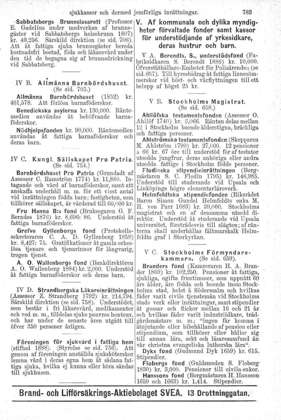 for understödjande af yr esld are, Att åt fattiga sjuka brunnsgäster bereda deras hustrur och barn. IV B. Alimänna Barnbördshuset.. (Se sid. 705.) Allmänna Barnbördshuset (1852) kr. 401,578.