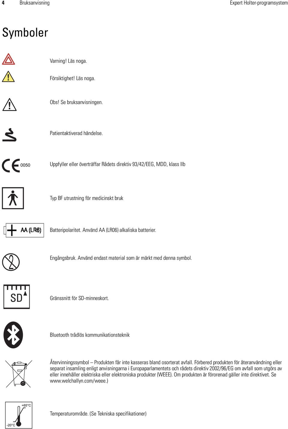 Använd endast material som är märkt med denna symbol. SD Gränssnitt för SD-minneskort. Bluetooth trådlös kommunikationsteknik Återvinningssymbol Produkten får inte kasseras bland osorterat avfall.