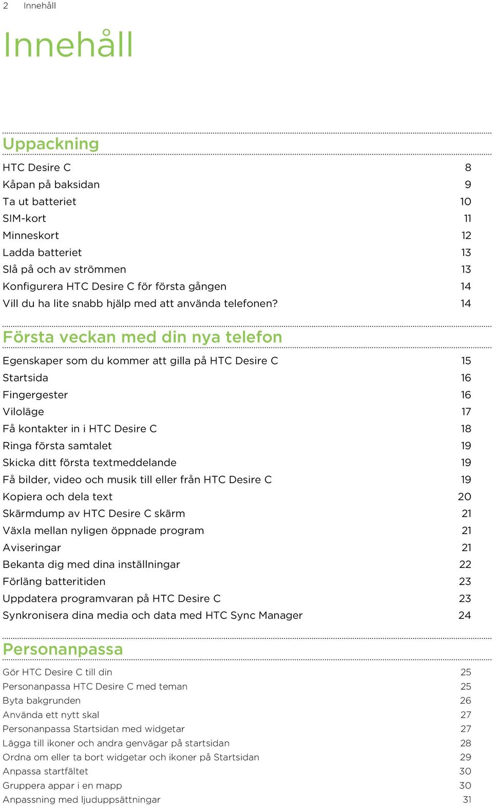 14 Första veckan med din nya telefon Egenskaper som du kommer att gilla på HTC Desire C 15 Startsida 16 Fingergester 16 Viloläge 17 Få kontakter in i HTC Desire C 18 Ringa första samtalet 19 Skicka