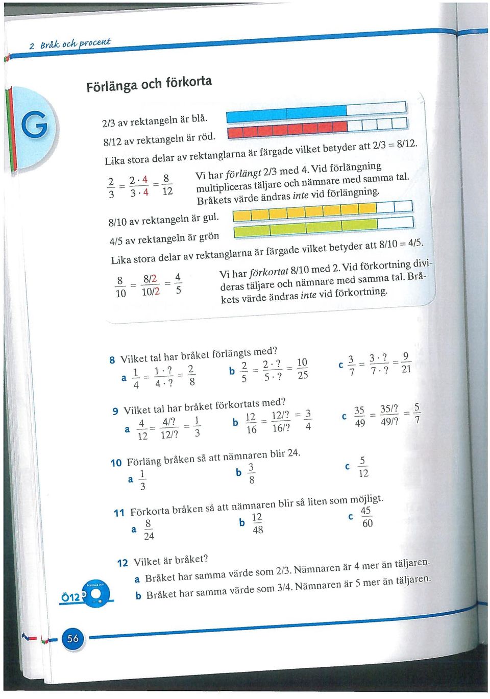 Lika stora delar av rektanglarna är färgade vilket betyder att 8/0 = /5. 8 = 8/ Vi har förkortat 8/0 med. Vid förkortning divi 0 0/ 5 deras läljare och nämnare med samma tal.