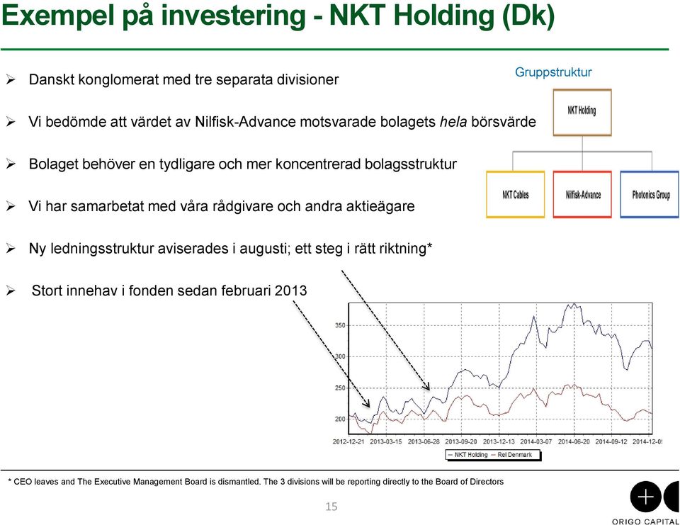 med våra rådgivare och andra aktieägare Ny ledningsstruktur aviserades i augusti; ett steg i rätt riktning* Stort innehav i fonden sedan