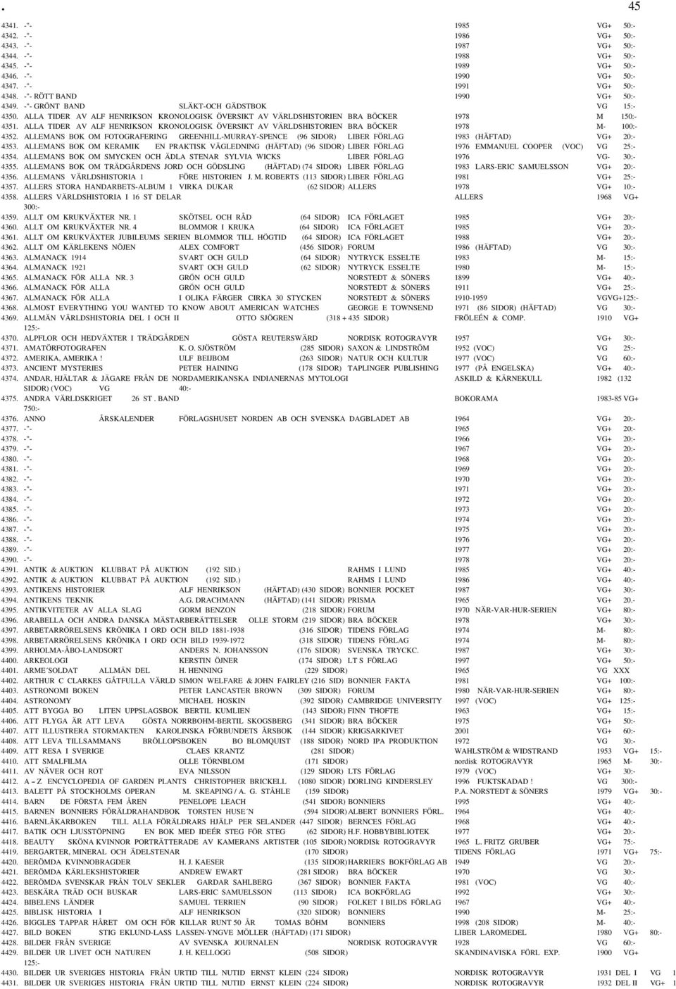 ALLA TIDER AV ALF HENRIKSON KRONOLOGISK ÖVERSIKT AV VÄRLDSHISTORIEN BRA BÖCKER 1978 M- 100:- 4352.