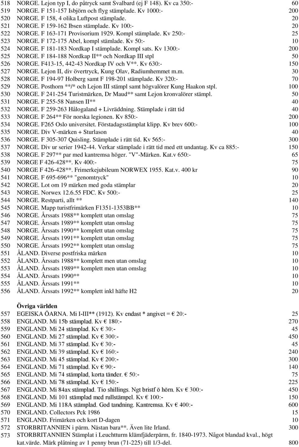 F 181-183 Nordkap I stämplade. Kompl sats. Kv 1300:- 200 525 NORGE. F 184-188 Nordkap II** och Nordkap III stpl 50 526 NORGE. F413-15, 442-43 Nordkap IV och V**. Kv 630:- 150 527 NORGE.