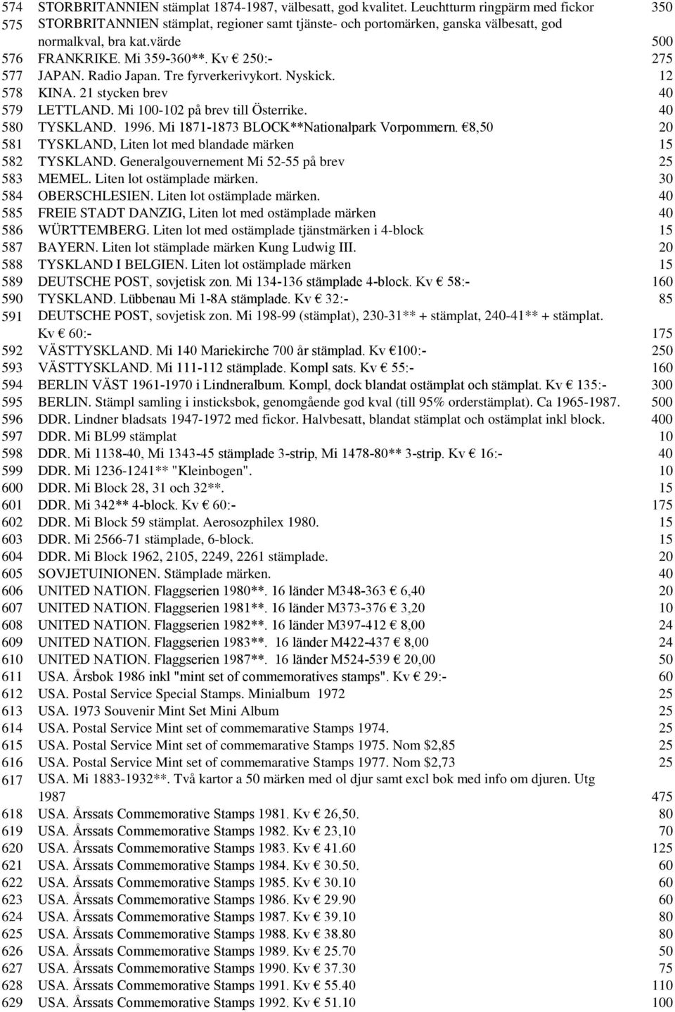 Kv 250:- 275 577 JAPAN. Radio Japan. Tre fyrverkerivykort. Nyskick. 12 578 KINA. 21 stycken brev 40 579 LETTLAND. Mi 100-102 på brev till Österrike. 40 580 TYSKLAND. 1996.