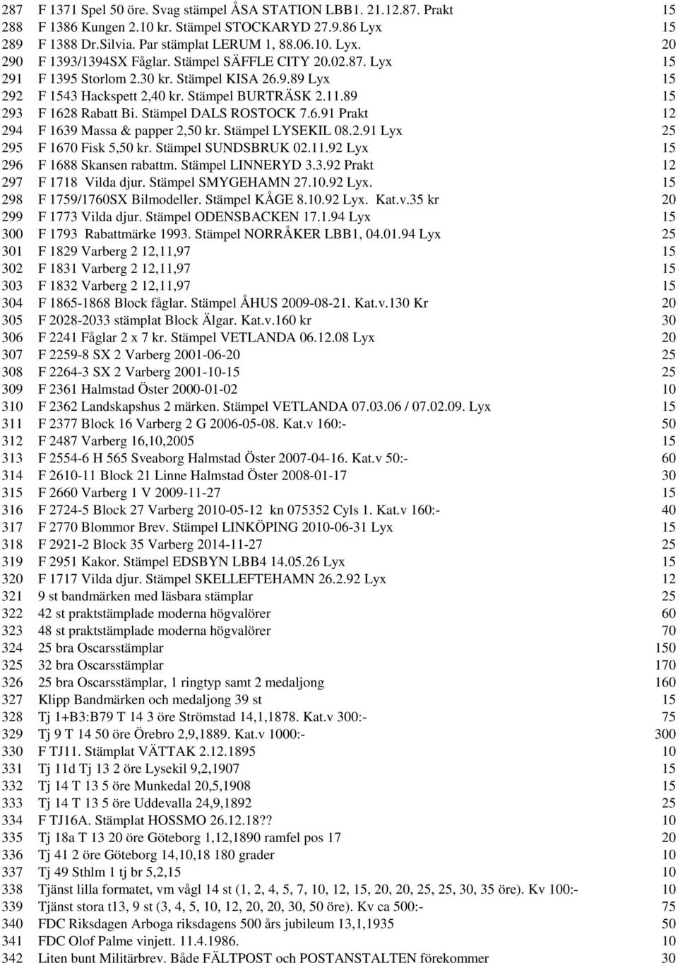 Stämpel LYSEKIL 08.2.91 Lyx 25 295 F 1670 Fisk 5,50 kr. Stämpel SUNDSBRUK 02.11.92 Lyx 15 296 F 1688 Skansen rabattm. Stämpel LINNERYD 3.3.92 Prakt 12 297 F 1718 Vilda djur. Stämpel SMYGEHAMN 27.10.