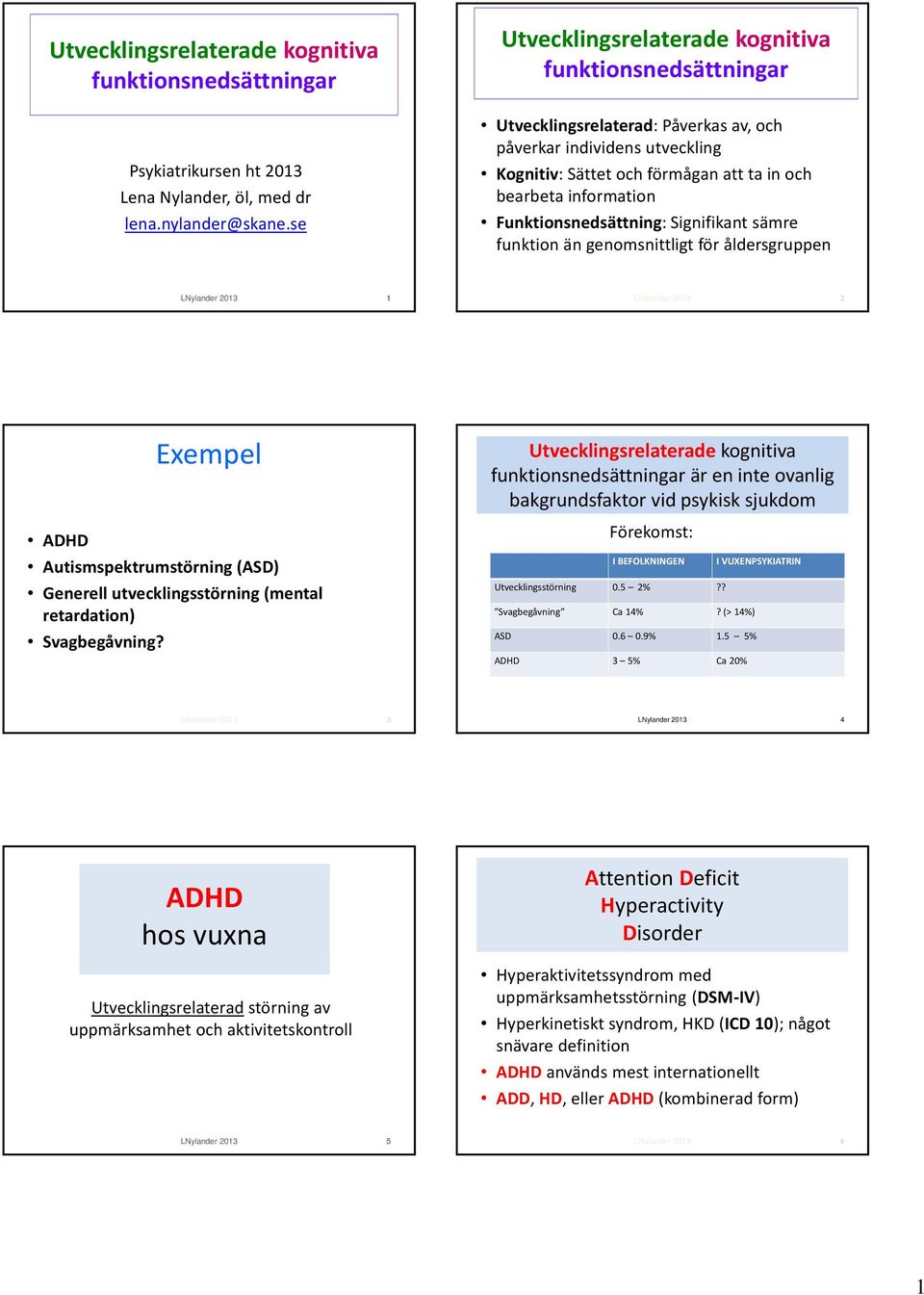 Funktionsnedsättning: Signifikant sämre funktion än genomsnittligt för åldersgruppen 1 2 Exempel ADHD Autismspektrumstörning (ASD) Generell utvecklingsstörning (mental retardation) Svagbegåvning?