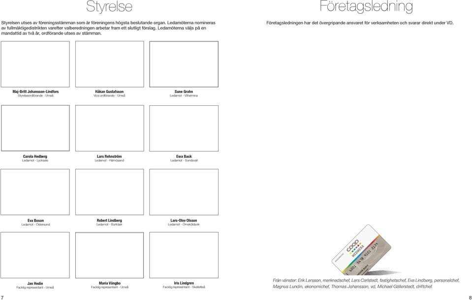 Maj-Britt Johansson-Lindfors Styrelseordförande - Umeå Carola Hedberg Ledamot - Lycksele Eva Boson Ledamot - Östersund Jan Hedin Facklig representant - Umeå 7 Håkan Gustafsson Vice ordförande - Umeå