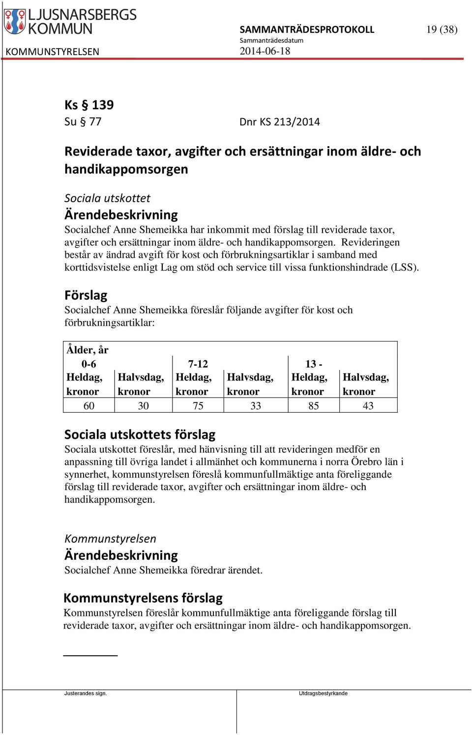 Revideringen består av ändrad avgift för kost och förbrukningsartiklar i samband med korttidsvistelse enligt Lag om stöd och service till vissa funktionshindrade (LSS).