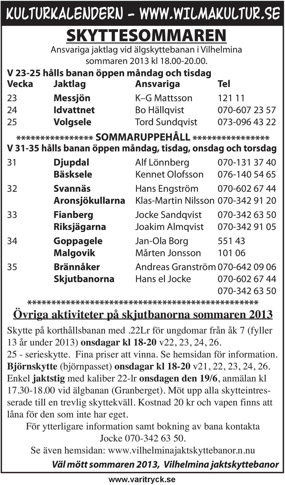 V 23-25 hålls banan öppen måndag och tisdag Vecka Jaktlag Ansvariga Tel 23 Messjön K G Mattsson 121 11 24 Idvattnet Bo Hällqvist 070-607 23 57 25 Volgsele Tord Sundqvist 073-096 43 22